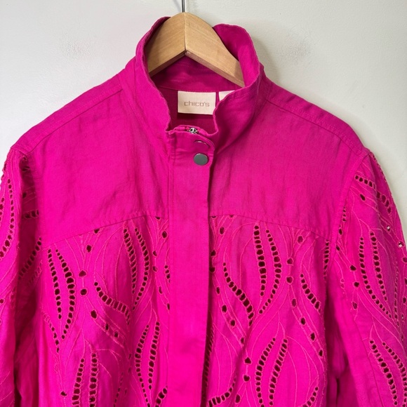 Chico's Pink Eyelet Linen Jacket Size XL 100% Linen - Picture 5 of 14